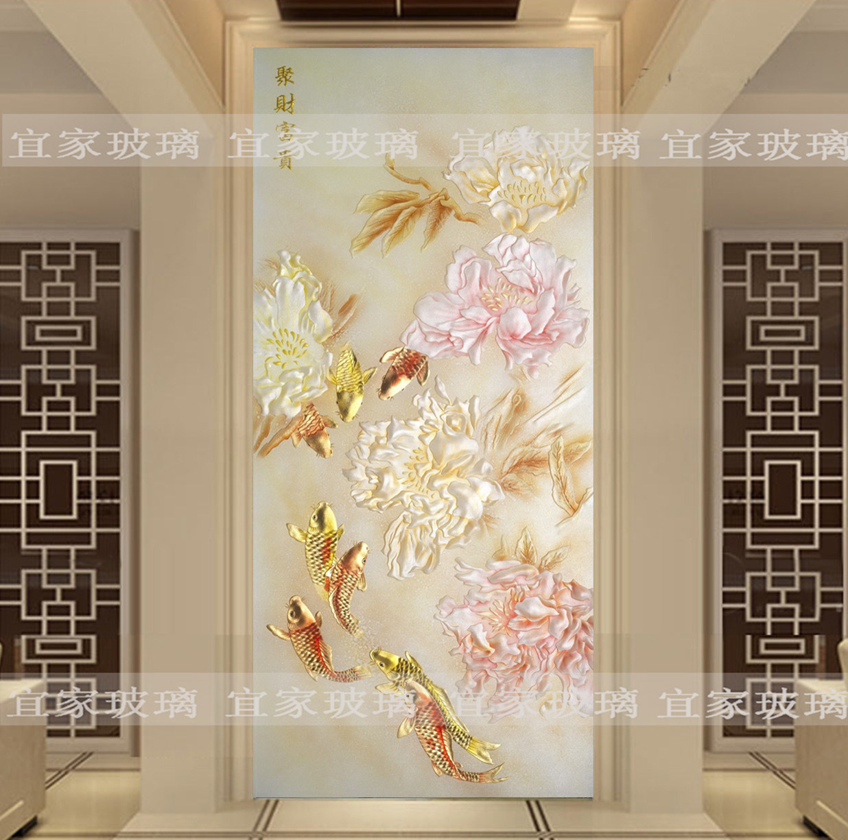 Shanghai art glass background wall Jane European style entrance partition three-dimensional deep carving Wealth Guiju