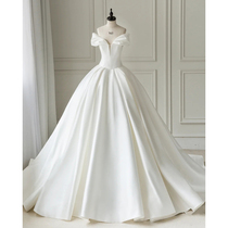 French satin light main wedding dress 2021 new bride one-shoulder high-end sense of trailing simple atmosphere thin white