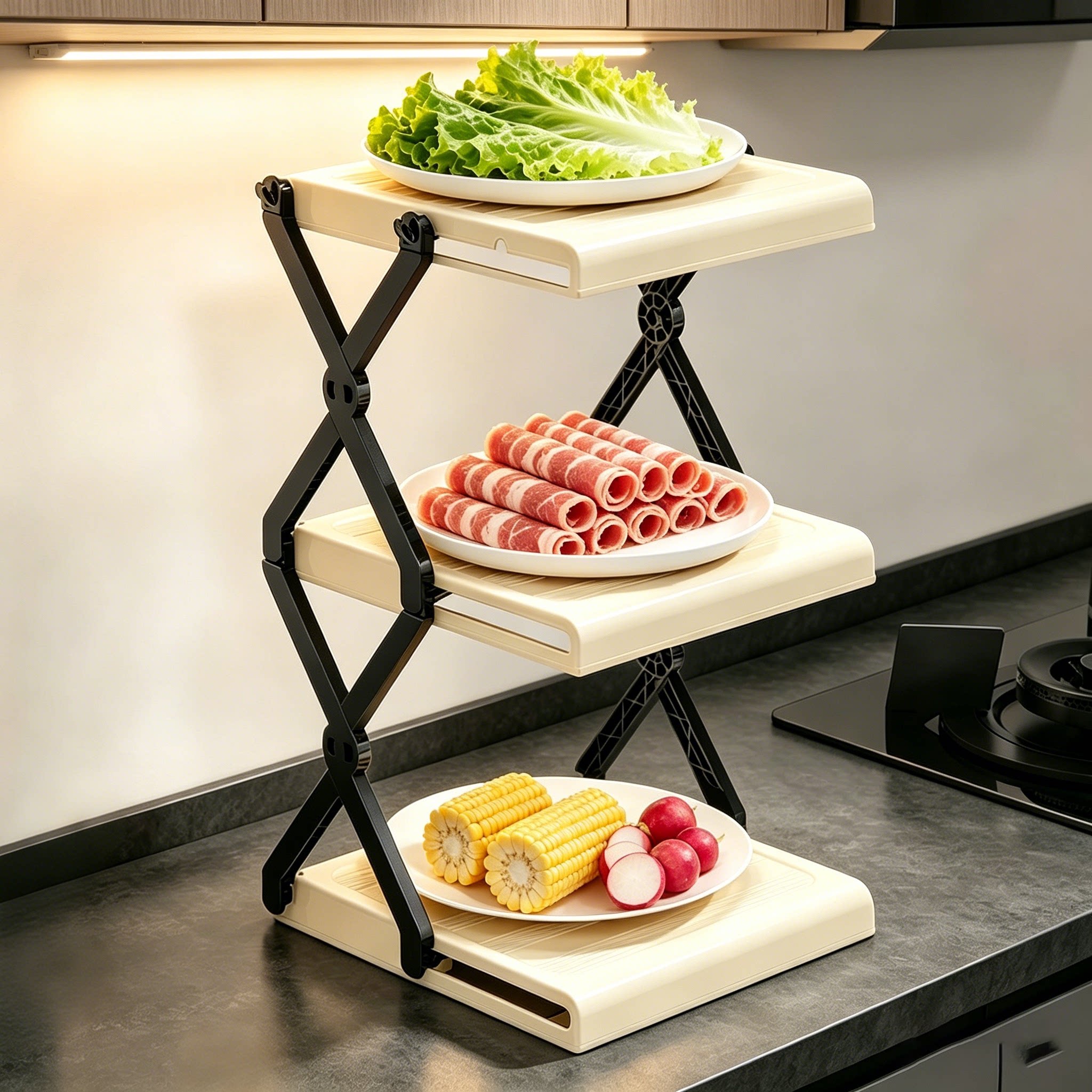 厨房备菜置物架可折叠多层台面配菜盘多功能收纳神器火锅食材架子