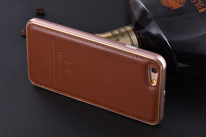 iMatch Luxury Aluminum Metal Bumper Premium Genuine Leather Back Cover Case for Apple iPhone 6S/6 & iPhone 6S Plus/6 Plus