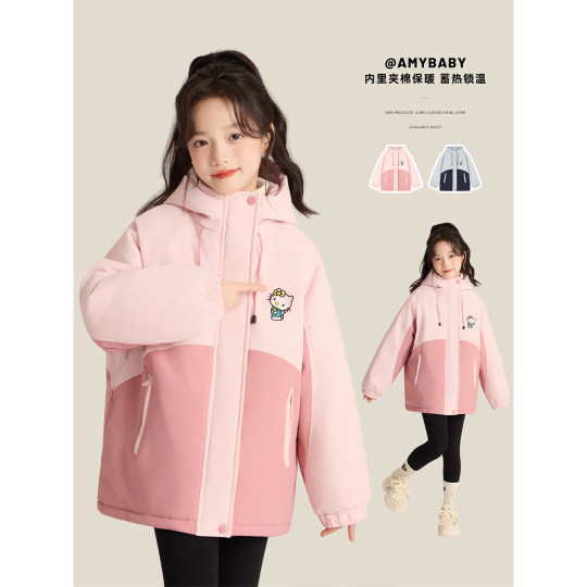 Amybaby女童棉服冬季2025新款户外三防连帽猫咪撞色冲锋衣外套
