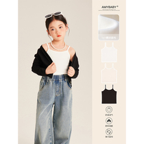 Amybaby girls solid color sling childrens close-fitting threaded texture comfortable light breathable elastic bottoming shirt