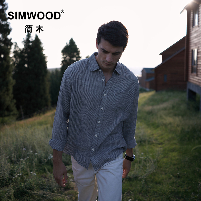 Simwood/Jianmu Men's Clothing [Loose Fit] French Linen Washed Classic Color Woven Striped Long Sleeve Shirt