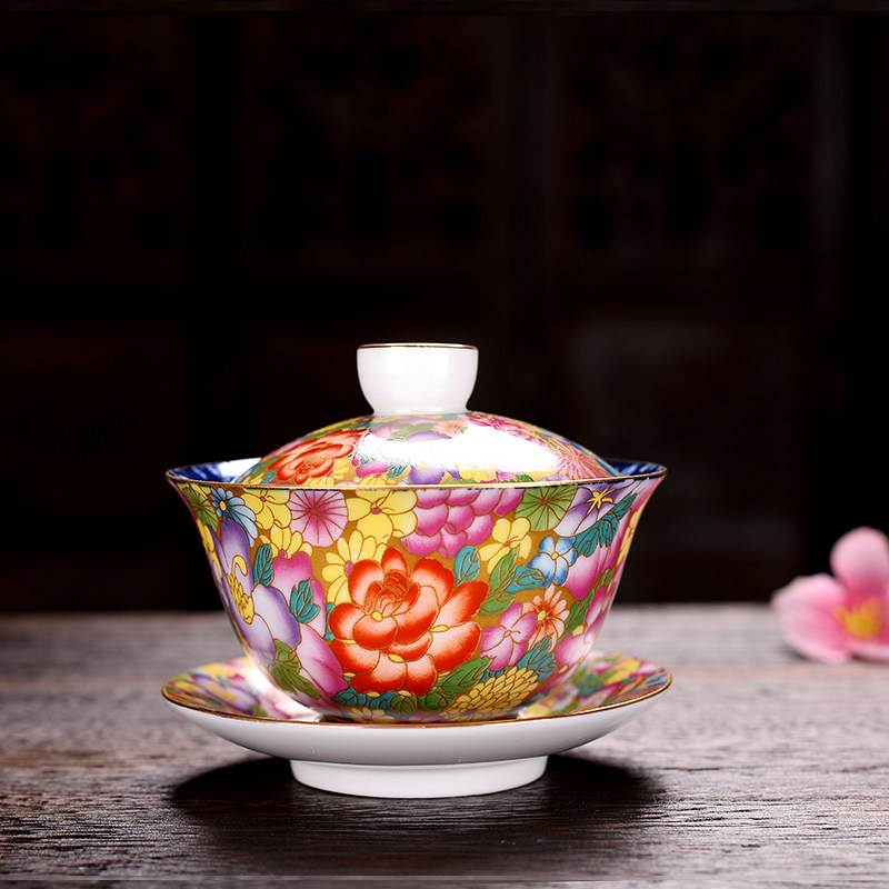 Upscale full flower ceramic Three-only cover bowl Single utilitate tea with tea cup creative retro style The Chinese style does not burn the hand