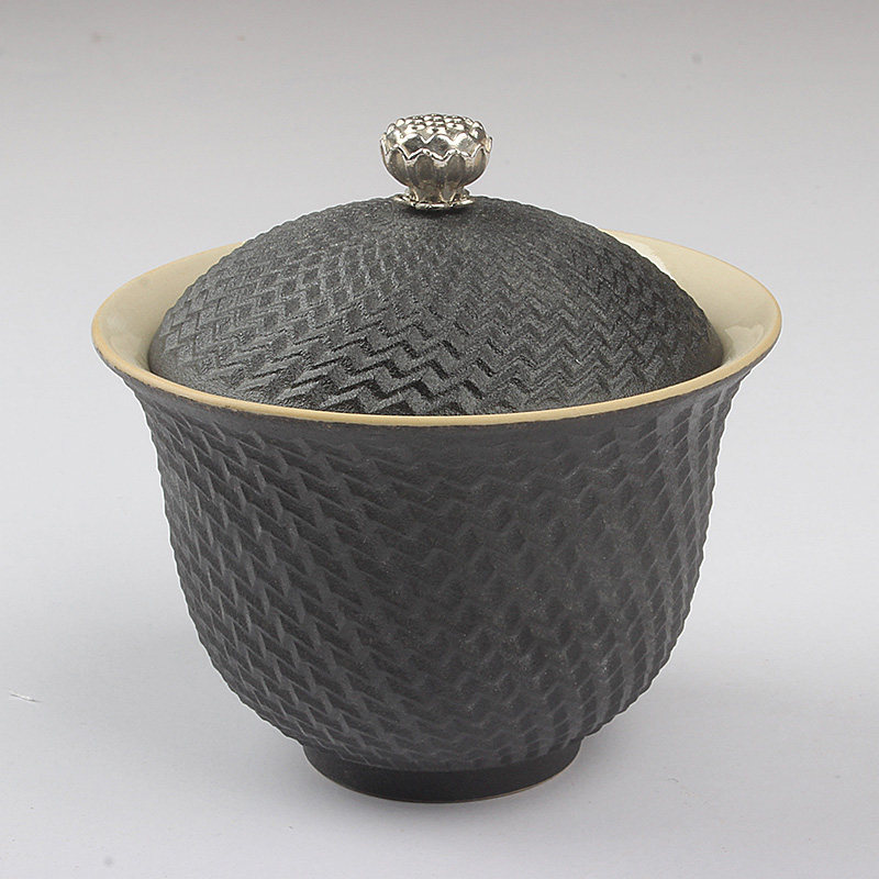 Stock Handling Black Pottery Grain Specialty Cover Bowl Ceramic Tea Tea Cup Bowl single Gongfu Tea Creative Retro Chinese