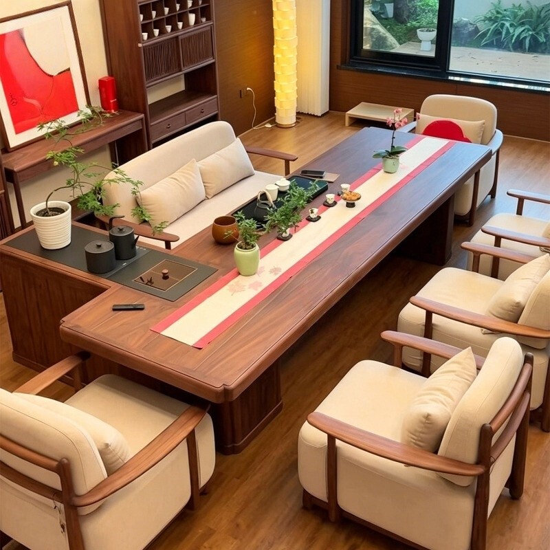 Song-Style Aesthetic Solid Wood Tea Table, Black Walnut Tea Table, New Chinese-Style Living Room, Tea Room, Office, Large Board Tea Table and Chairs Song-Style Aesthetic Solid Wood Tea Table, Black Walnut Tea Table, New Chinese-Style Living Room, Tea Room, Office, Large Board Tea Table and Chairs