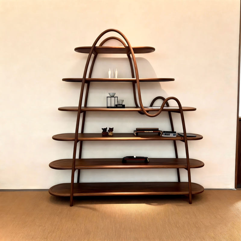 New Chinese-Style Display Shelf Made of North American Black Walnut Wood for Office, Curved Design for Hotels and Guesthouses, High-End and Elegant Display and Storage Rack
