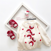 Autumn and winter Children Baby cartoon foreign style pure cotton thread thick twist Sweater Girl Three-dimensional bow plus velvet sweater