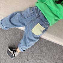 Autumn and winter boys and girls baby Korean version of foreign loose cotton jeans children color pocket plus velvet jeans