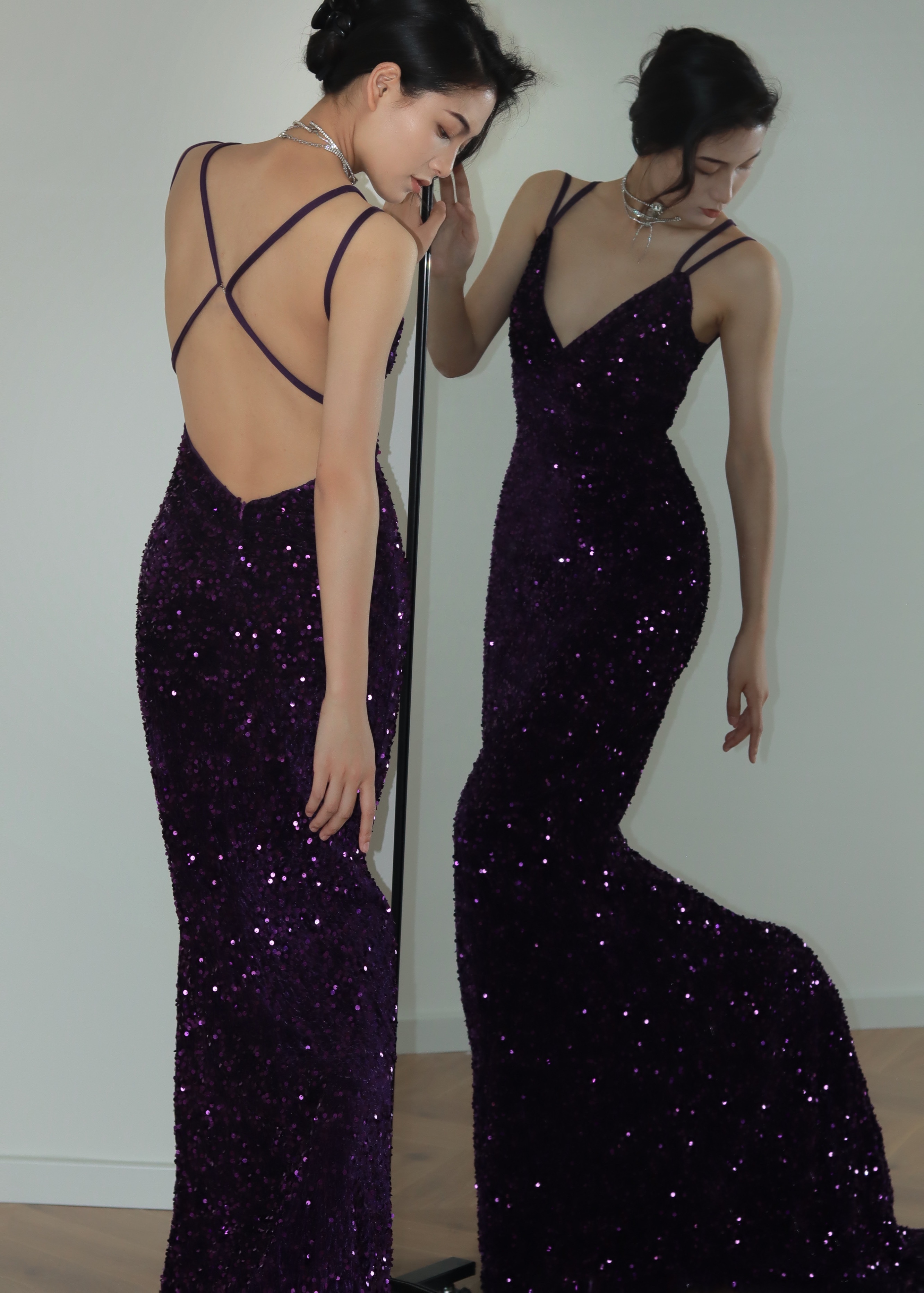 Purple nail sequins, extra-long evening dress, backless Purple nail sequins, extra-long evening dress, backless