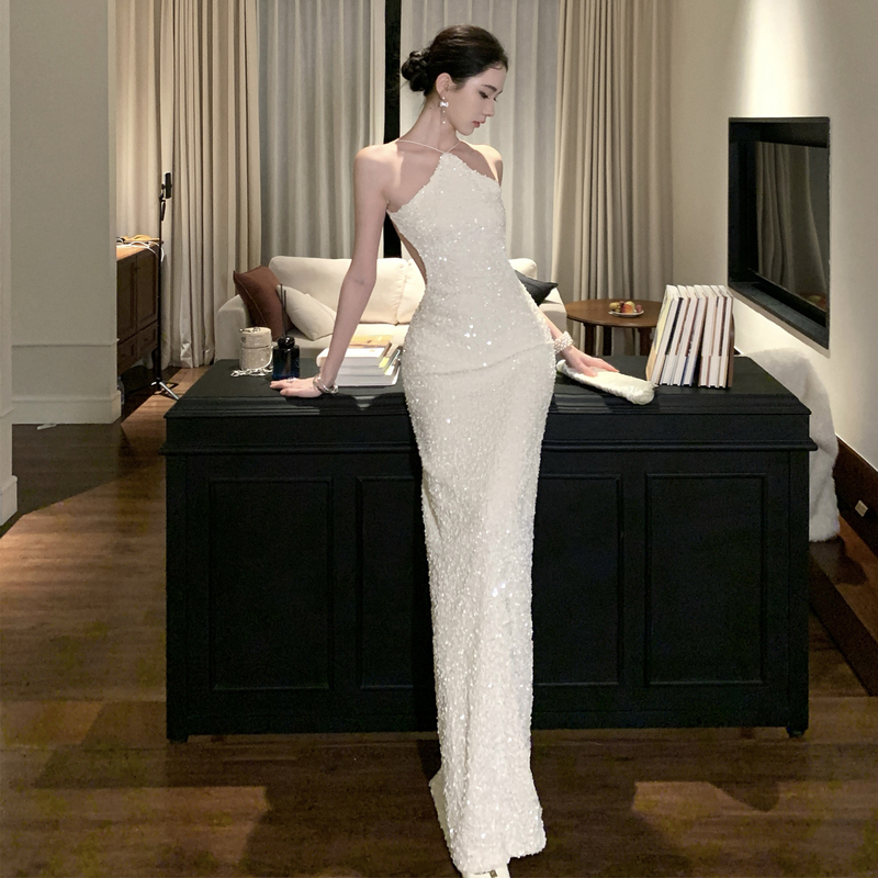 French-Style Exquisite White Sequined Halter Neck Dress, Sexy Backless Long Gown, Bodycon Birthday Dress