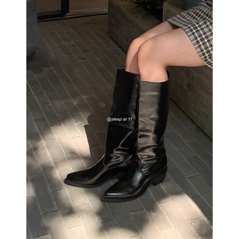 Sleep at 11 Korea retro foreign pie PU leather trendy coarse heel midcylinder boot