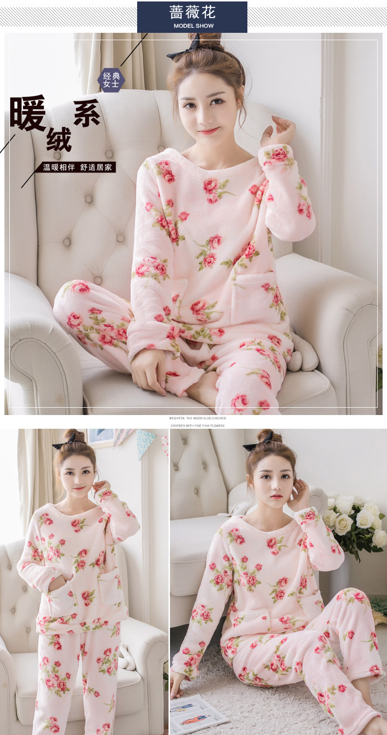 Mùa thu và mùa đông Hàn Quốc vài bộ đồ ngủ flannel nữ hoạt hình dễ thương tay áo dài ngọt ngào san hô nhung phù hợp với dịch vụ nhà bộ pijama