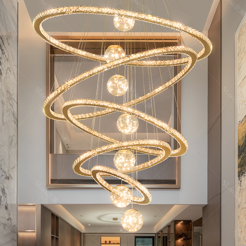 Modern Minimalist Villa Suspended Living Room Chandelier Duplex Building Hollow Large Chandelier Loft Apartment Light Luxury Crystal Lighting Fixtures