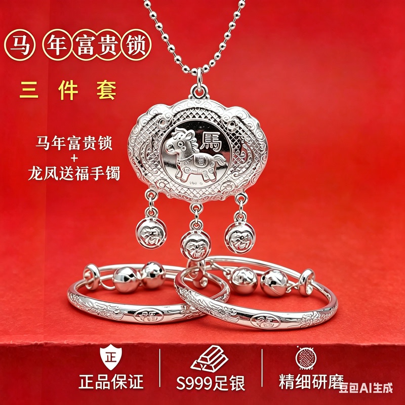 Baby Horse Silver Bracelet 999 Pure Silver Longevity Lock Infant Children's Silver Lock Kids' Silver Jewelry Full Moon First Birthday Gift Set