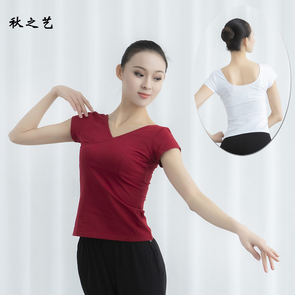 Cross V-neck women's short-sleeved top cotton adult slim dance practice clothing Art examination clothing training clothing