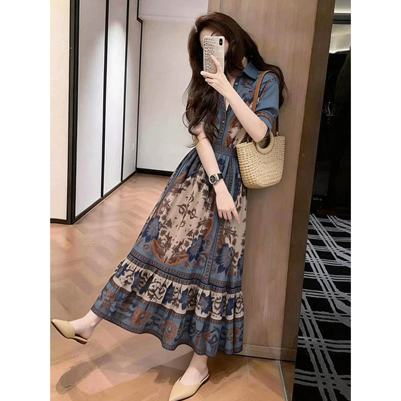 French-Style Blue Printed Dress for Women, 2026 Summer New Model, Petite, High-End, Super Pretty Long Dress French-Style Blue Printed Dress for Women, 2026 Summer New Model, Petite, High-End, Super Pretty Long Dress