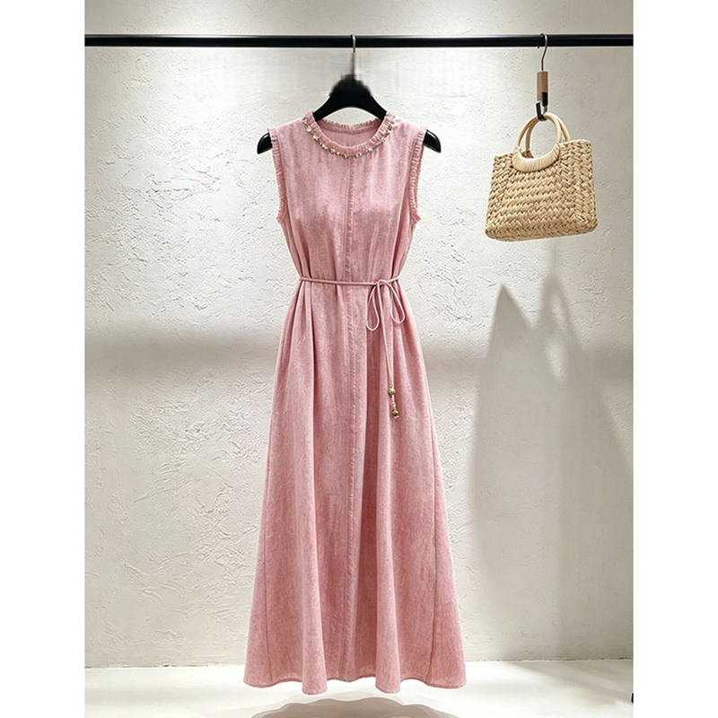 Elegant and Graceful Women's Dress 2026 New Summer Unique and Beautiful French Style Waist-Cinching Pink Linen Dress