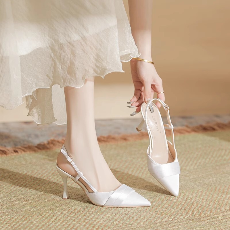 White High-Heeled Shoes for Women, Closed-Toe Stiletto Sandals, Pointed-Toe French Satin Ankle Strap, Large Sizes 41-43, Small Sizes