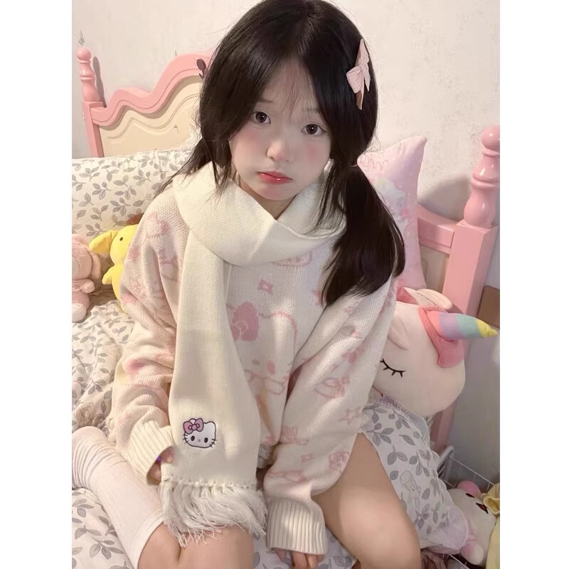 Cute Kitty Hello Kitty Sweater for Women, Autumn and Winter 2023 New Style, Petite Lazy Style Knit Top Jacket