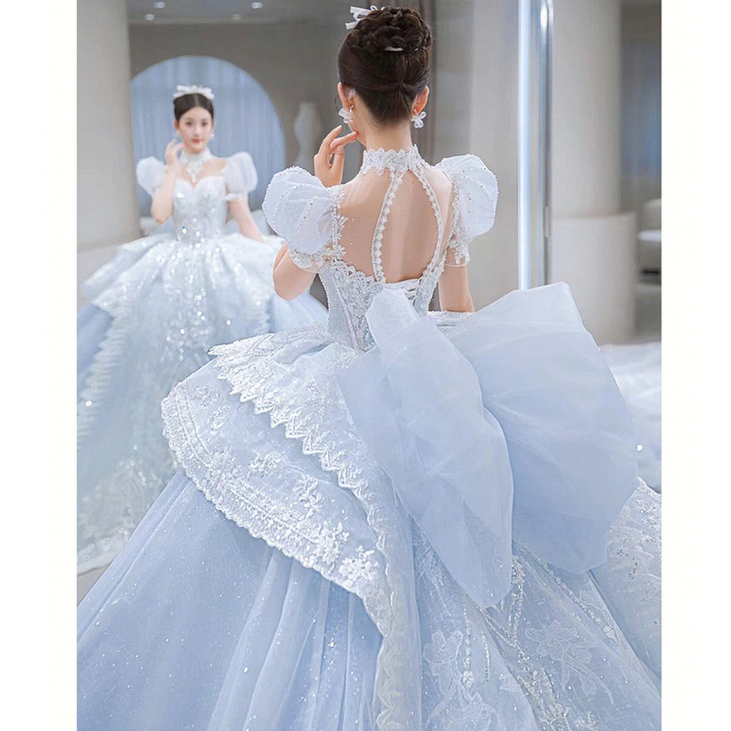 Ice and Snow Blue Princess Wedding Wedding Bubble Sleeve Tail Tail Heavy Works Ice and Snow Blue Princess Wedding Wedding Bubble Sleeve Tail Tail Heavy Works