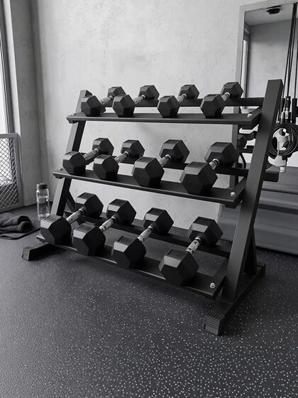 Six Sets of 2.5~15.3kg-Tier Dumbbell Racks, Model House Mezzanine Floor Decoration Design, Fitness Equipment