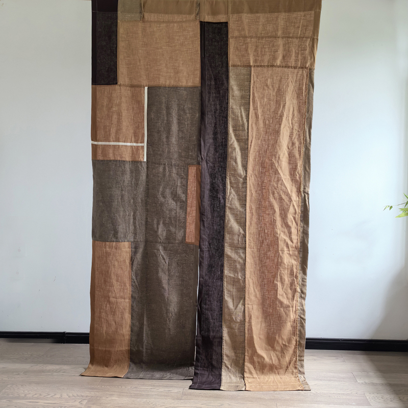 Maillard Color Hand-Mixed Assembled Decorative Painting Curtain Oil Painting Color Block Grids Heavy Industry Natural Cotton and Linen Curtain Partition