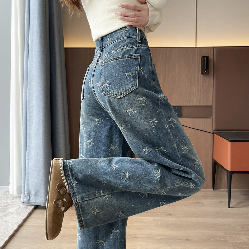 Bow Print Straight-Leg Jeans for Women, 2026 Spring and Autumn New High-Waisted Slim-Fit Vintage Long Pants for Petite Figures