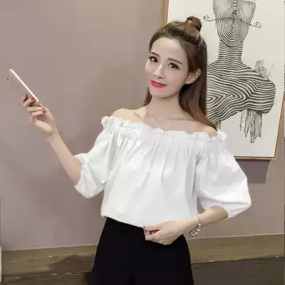 Tide brand shoulder shirt Women's 2021 summer New loose fashion wooden ear heaper sleeves off-the-shoulder shirt