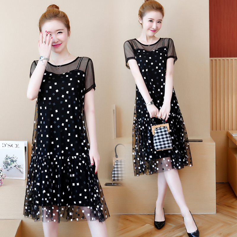 Tide card 2022 Spring Summer New Fat Sister Net Yarn Lace Fake Two Sets of Aging Foreign Snowspun Foreign Dress