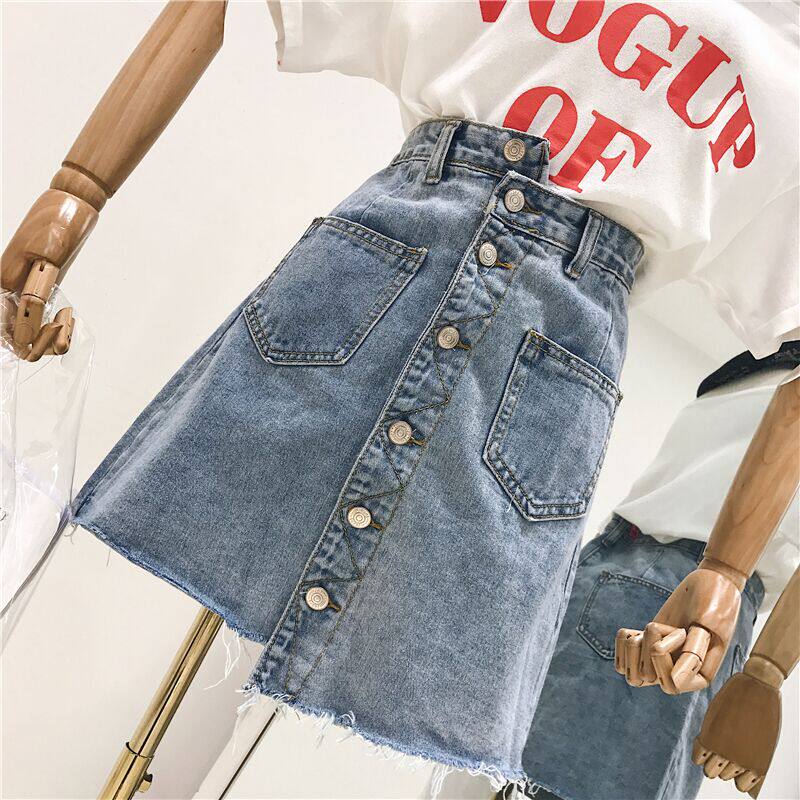 Tide brand 2022 summer irregular misalignment single-breasted denim skirt women's skirt high waist thin A short skirt