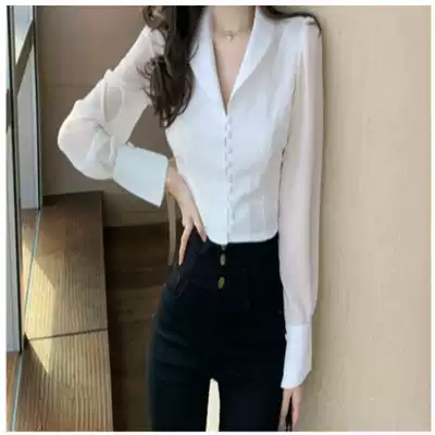 Tide brand autumn 2021 new bubble sleeve women's long sleeve short bow lace waist white chiffon shirt