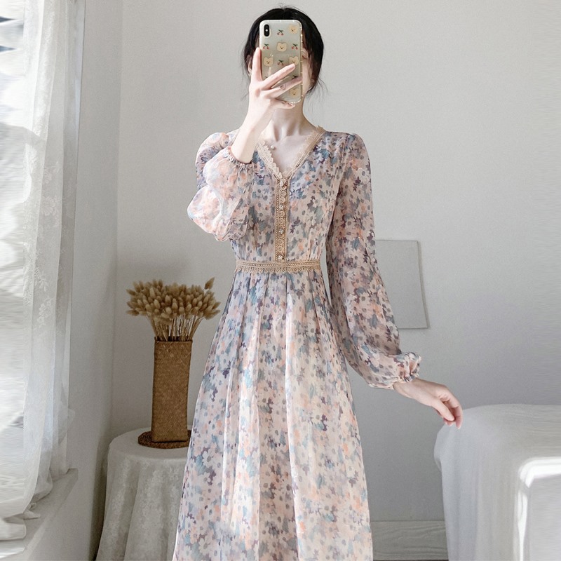 High-end lace stitching floral dress women's spring and autumn 2022 new waist-length chiffon over-the-knee dress