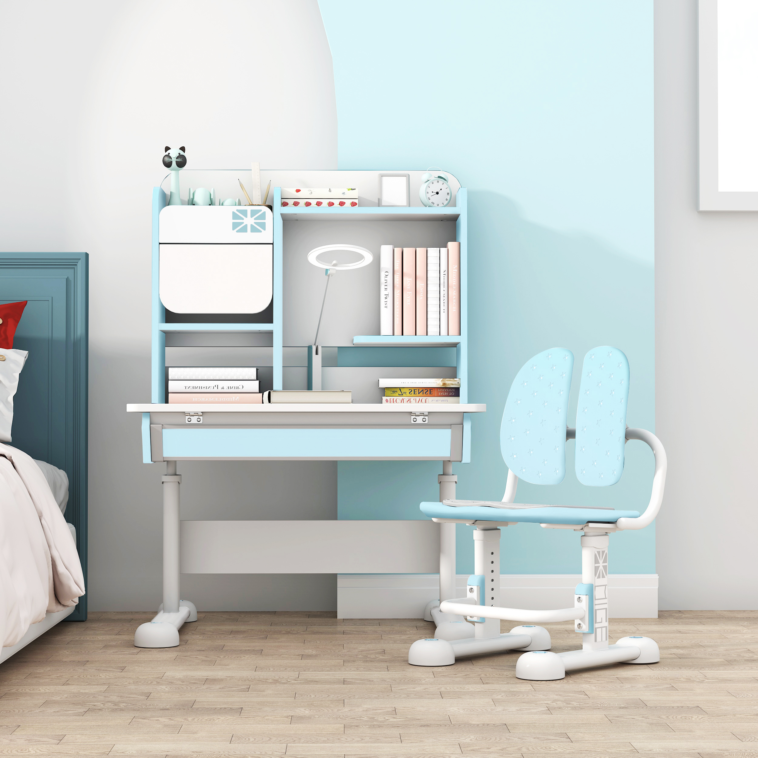 Miago Children Study Table Solid Wood Elementary School Students Desk Book Table And Chairs Suit Can Lift Home small family Type 80cm