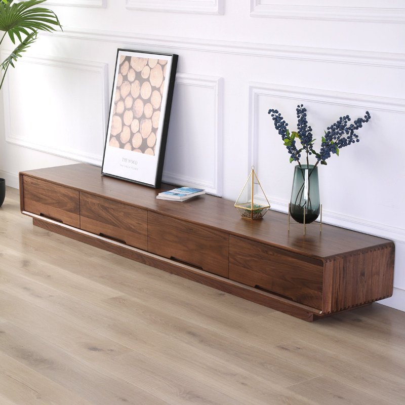 Pure solid wood TV cabinet rounded corner North American white oak black walnut low floor cabinet cherry wood storage simple - Taobao