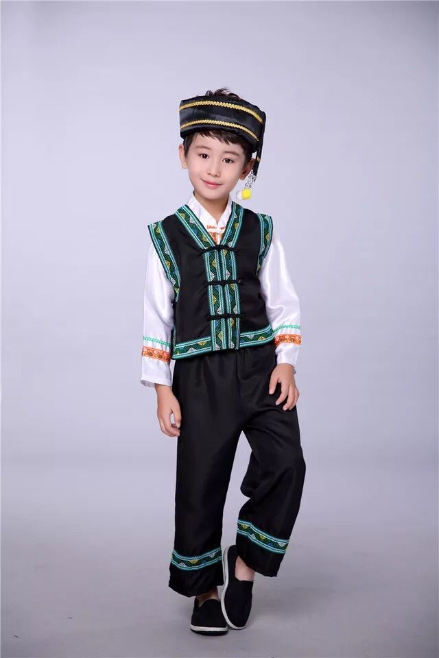 Quần áo biểu diễn cho trẻ em dân tộc thiểu số, bé trai, trang phục Miao, Zhuang, trang phục múa Đại, trang phục biểu diễn cucurbit trang phục động vật cho trẻ em