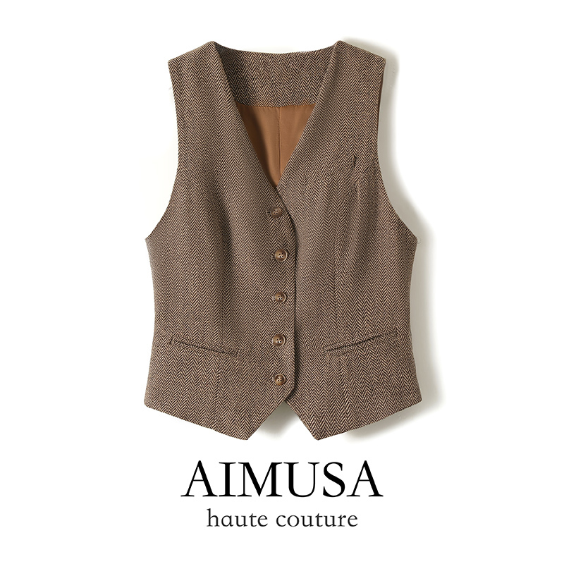 Aimusa 26 Spring Noble Knight Style Woolen Vest Women's Spring and Autumn Vintage British Style Waistcoat Vest