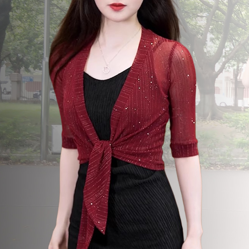 Summer Thin Mesh Lace Shawl Women's Short Large Size Cardigan Chiffon Knitted Jacket with Suspender Skirt