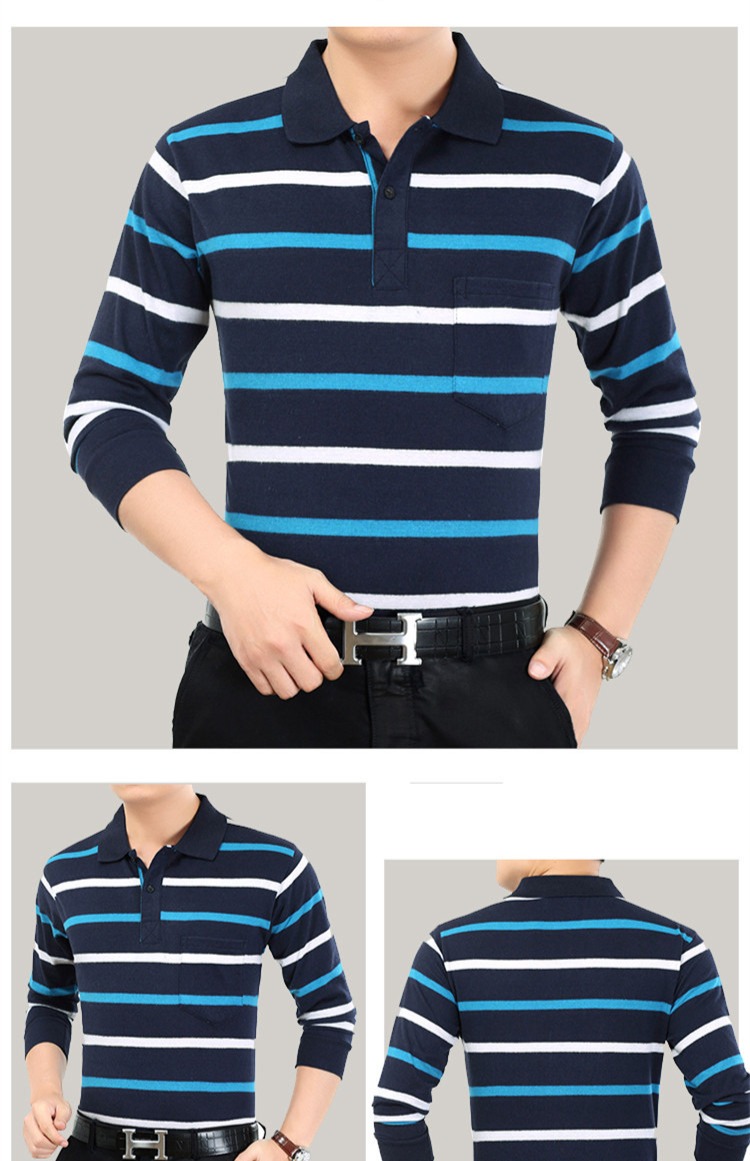 Mùa xuân 2019 size lớn cotton nam ve áo sọc dài tay áo thun trung niên nam giản dị áo phông dài tay