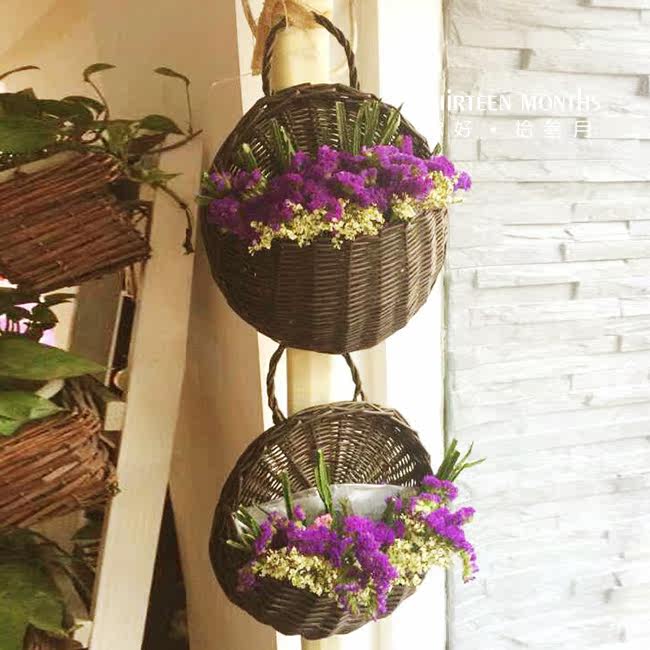 Hanging wall basket floral floral wicker chic wall-mounted basket flower-pot pure handmade curry-colored containing basket livvy containing basket