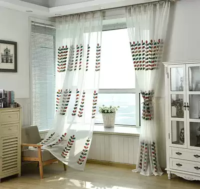 Linen embroidered curtains Screen curtain custom bay window living room balcony fresh cotton and hemp leaves embroidered flowers finished pure white