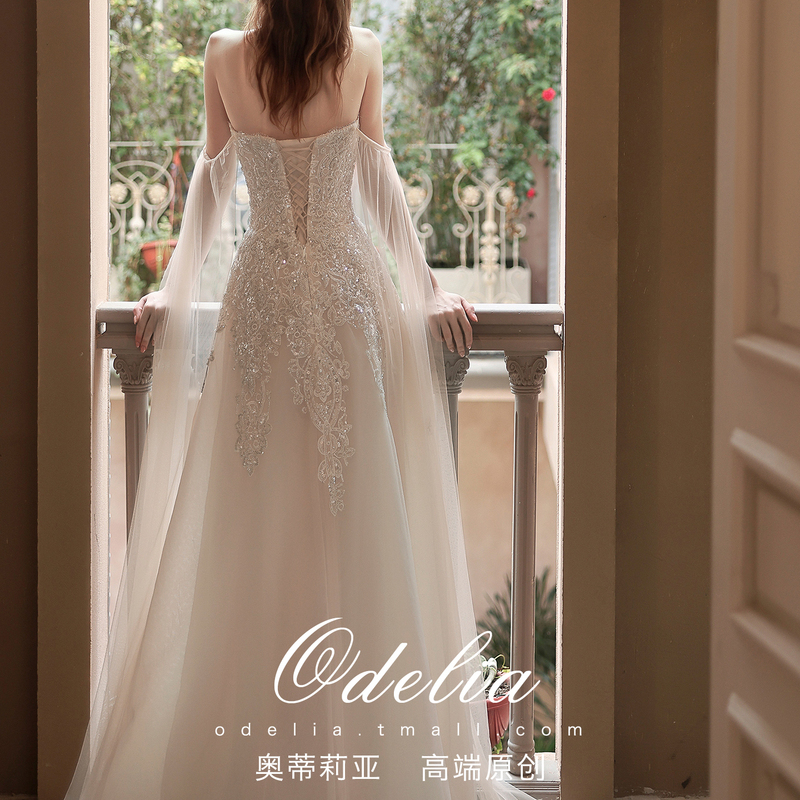 Odelia《Love》2026 New Champagne-Colored Off-Shoulder Light Wedding Dress Bridal Gown Floor-Length Toast Dress