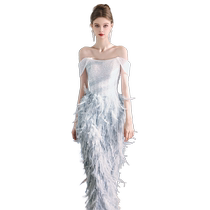 odelia Under the Sea Starry Sky feather one-shoulder bridal high-end light luxury toast dress dinner annual party girl