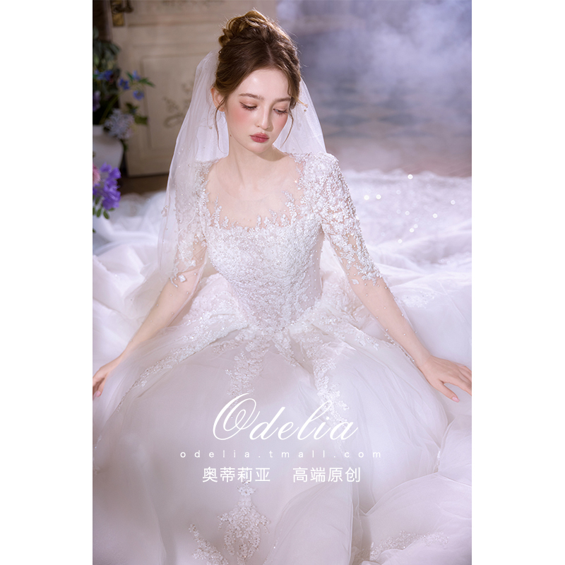 Odelia《Maple Leaf》2026 New Model Main White Wedding Dress Bride Long-Sleeved with Large Train Main Gown High-End Texture Odelia《Maple Leaf》2026 New Model Main White Wedding Dress Bride Long-Sleeved with Large Train Main Gown High-End Texture