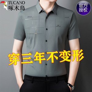 Woodpecker High-End Ice Silk Summer Short-Sleeved Shirt for Men, Casual Business Elastic, No-Iron, Thin, Seamless Shirt for Men