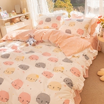 Girl heart princess style Korean lace four-piece cotton cotton quilt cover sheets hipster cat bedding