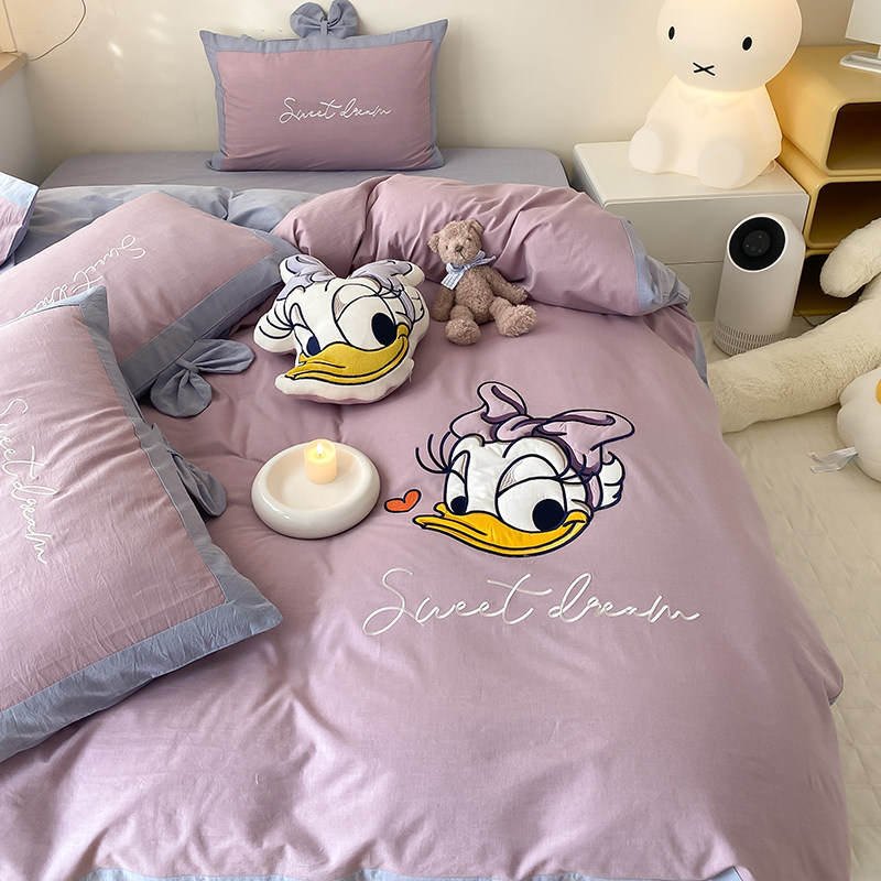 ins cartoon embroidered princess duck color woven full cotton washed cotton four pieces of pure cotton quilt cover bed linen bedding