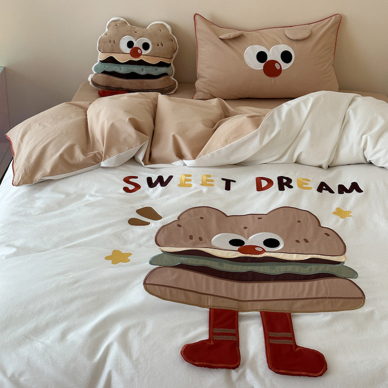 Cute Hamburg Bag Cartoon Embroidered All-cotton Washed Cotton Bed Four Pieces Of Pure Cotton Quilt Cover Bed Linen Dormitory Three Sets-Taobao