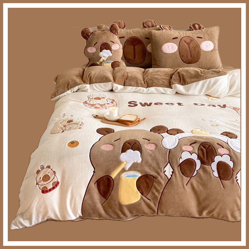 ins Cartoon Kapibala Autumn and Winter Thickened Warm Milk Velvet Four-Piece Set Flannel Coral Velvet Bedding