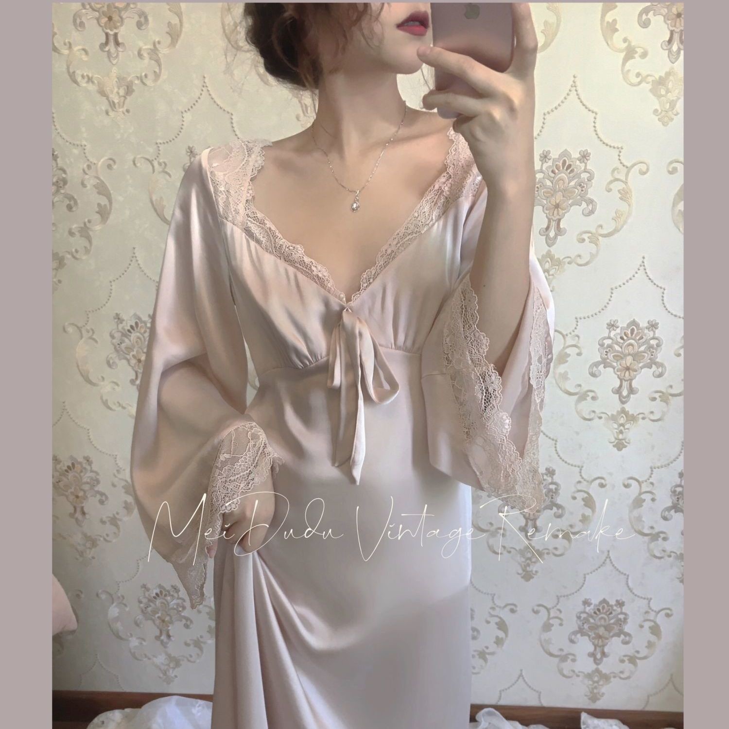 French court style nightdress hollowed out deep v visual sense satin dress lace princess knee length sleep home service